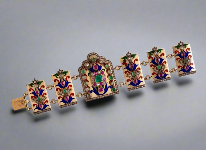 Diamond, Emerald and Ruby Polychrome Enamel and 18k Gold Vintage Bracelet