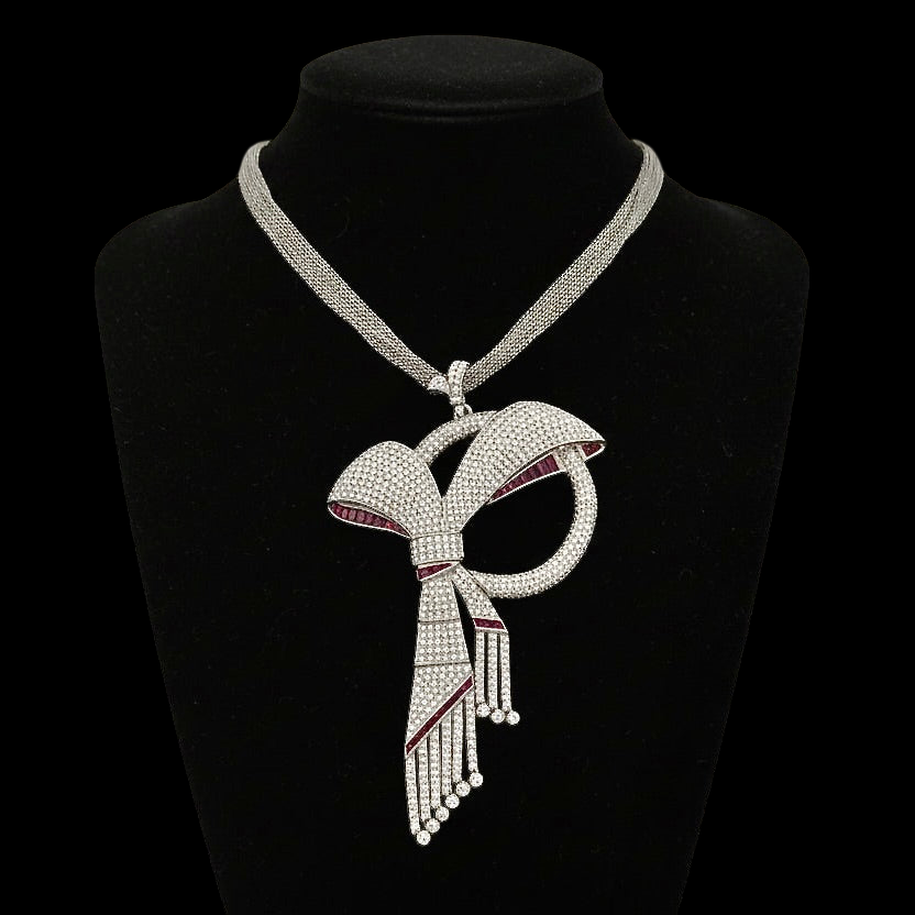 1970's Bow Motif Necklace/Brooch Diamond and Ruby 18K White Gold