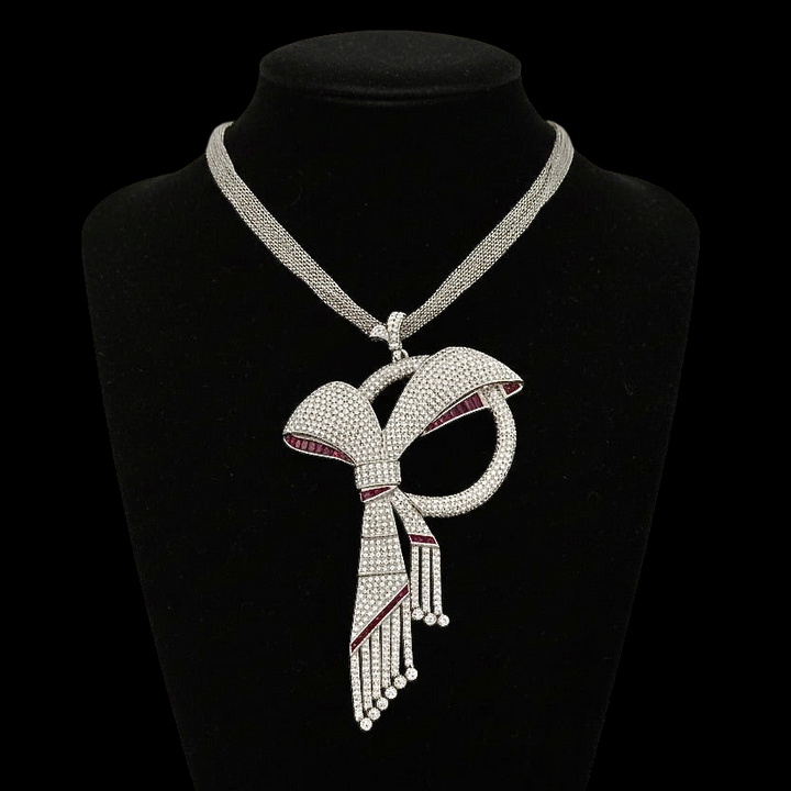 1970's Bow Motif Necklace/Brooch Diamond and Ruby 18K White Gold