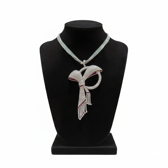 1970's Bow Motif Necklace/Brooch Diamond and Ruby 18K White Gold