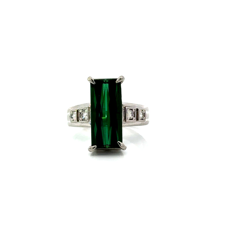 Front view of estate green tourmaline and diamond platinum ring