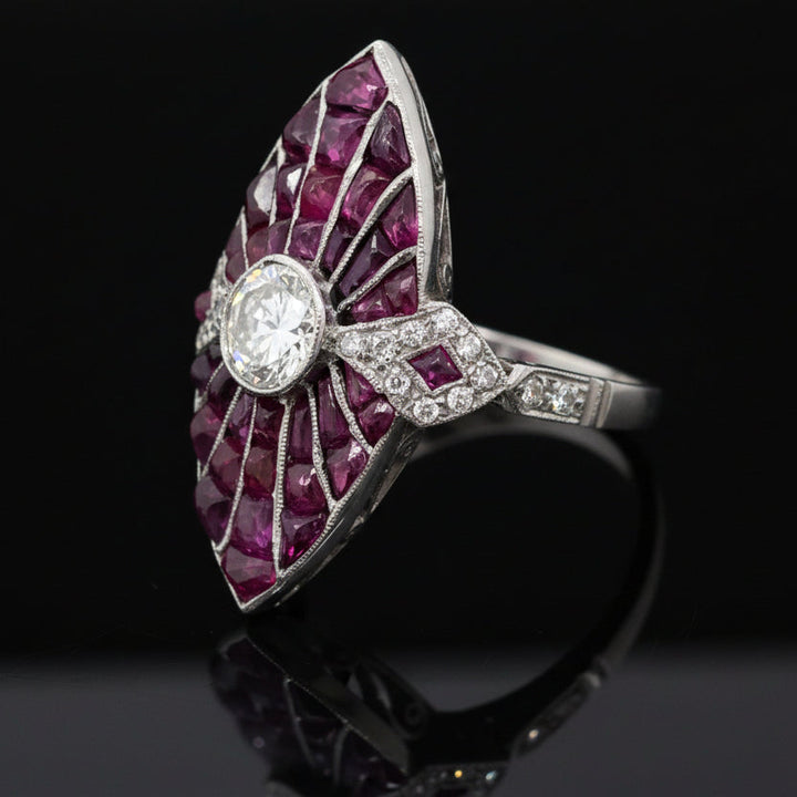 Geometric  Diamond and Ruby Platinum Ring