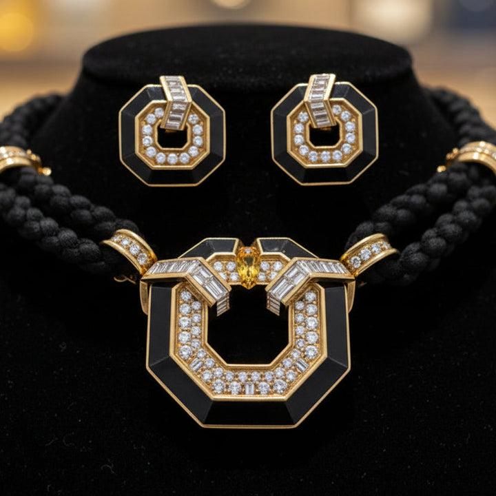 Chaumet Paris 6.20cttw Diamond Inlay Onyx Necklace and Earring Set