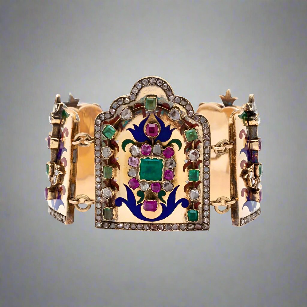 Diamond, Emerald and Ruby Polychrome Enamel and 18k Gold Vintage Bracelet