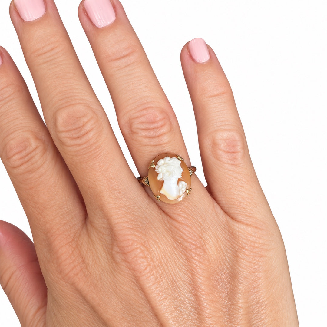 Vintage 10K yellow gold cameo ring shown on hand