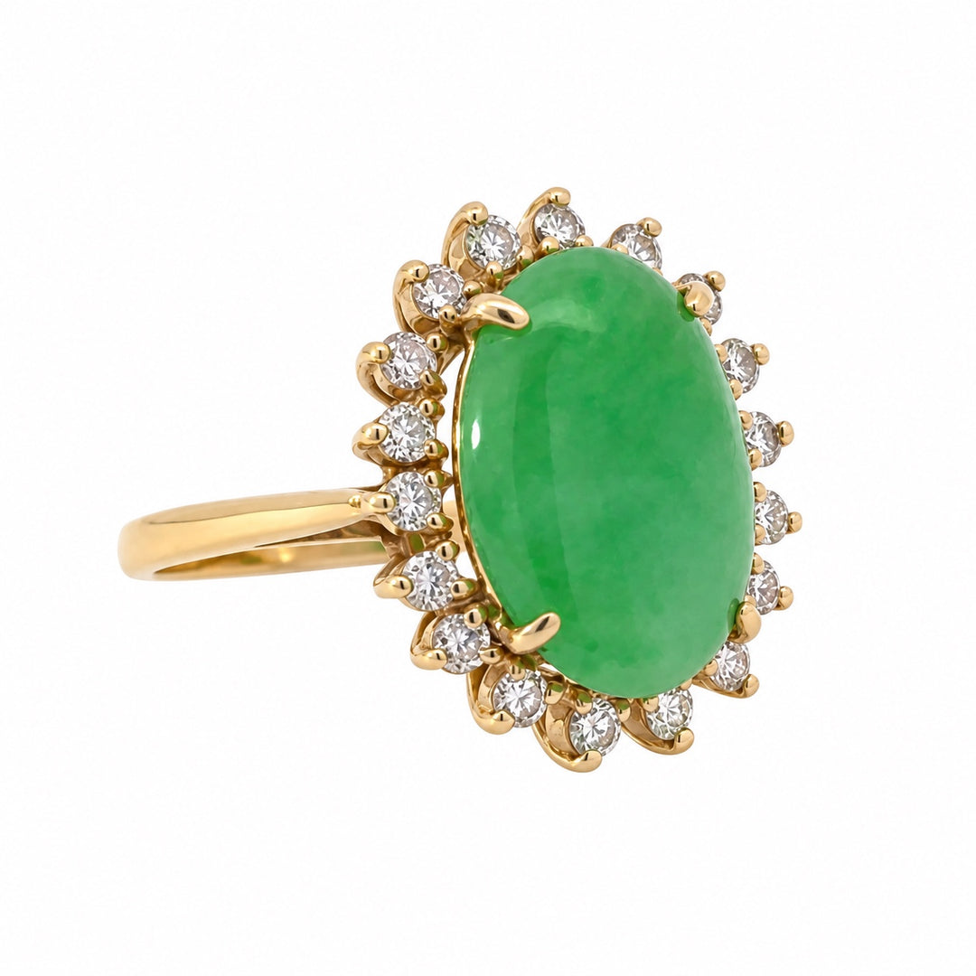 Vintage 14K yellow gold jade and diamond halo ring angled view