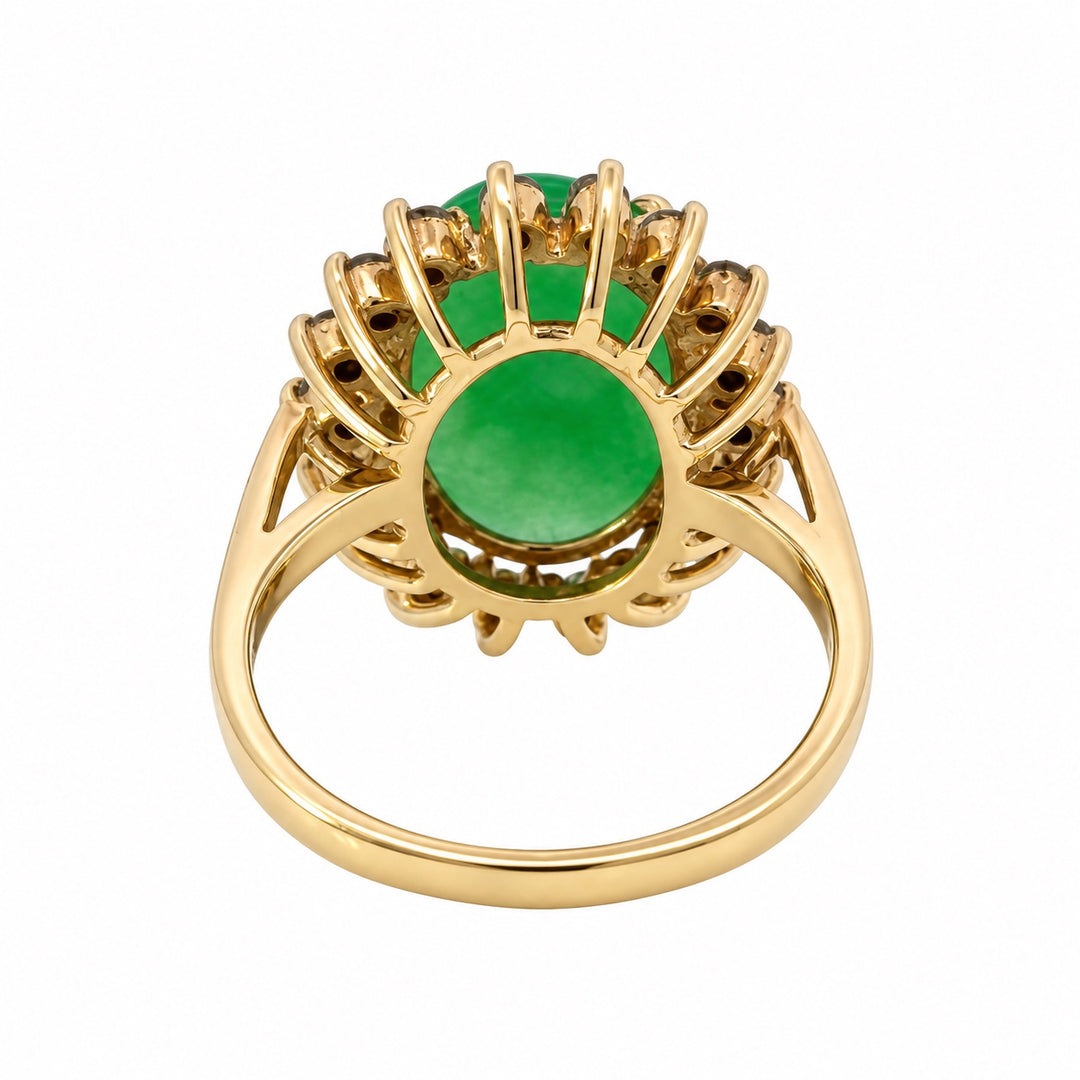 Vintage 14K yellow gold jade and diamond halo ring underside view
