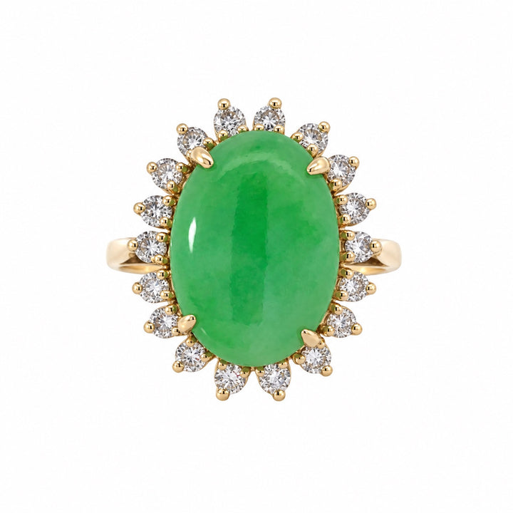 Vintage 14K yellow gold jade and diamond halo ring front view