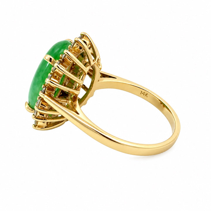 Vintage 14K yellow gold jade and diamond halo ring hallmark and profile