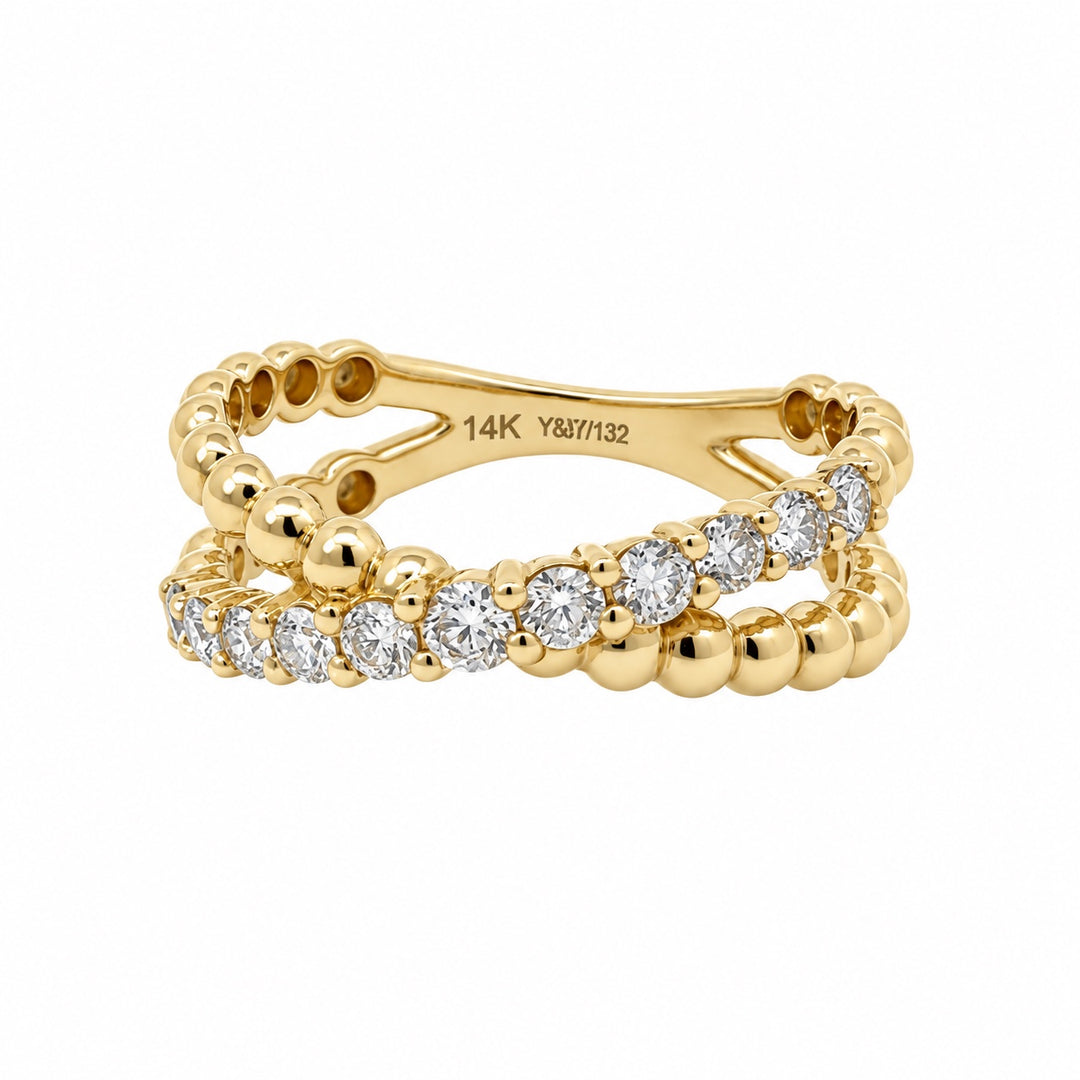 14K yellow gold diamond beaded X ring front view