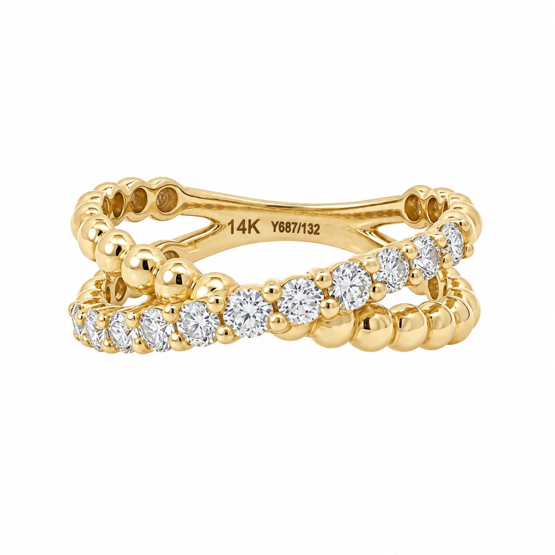 14K yellow gold diamond beaded X ring alternate front view