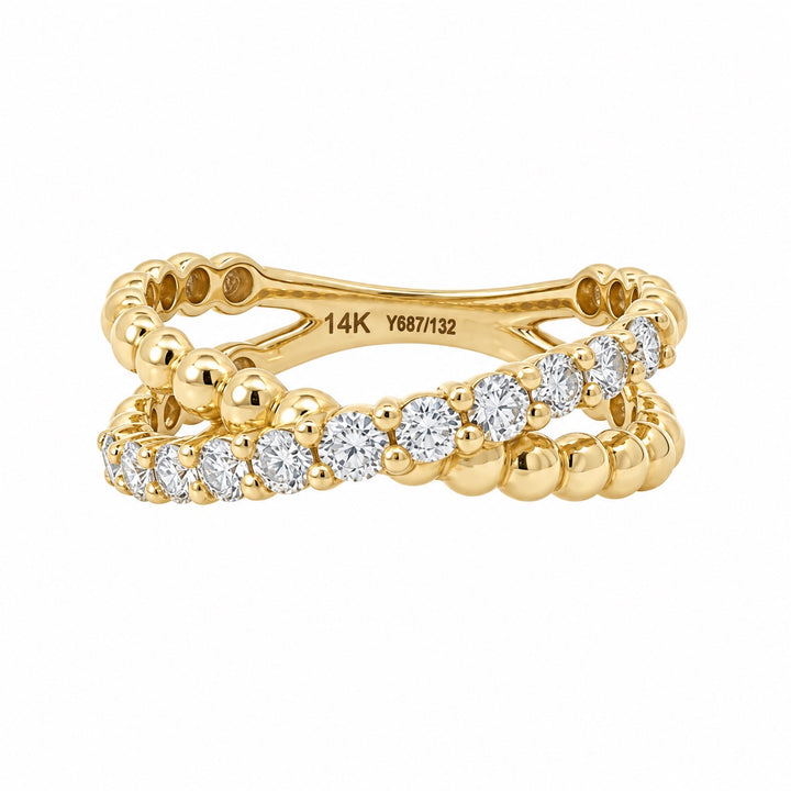 14K yellow gold diamond beaded X ring alternate front view