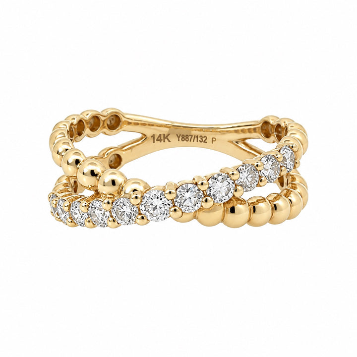 14K yellow gold diamond beaded X ring front angle