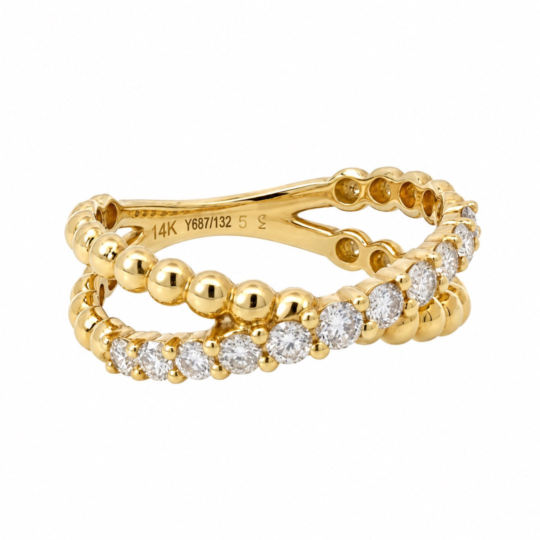 14K yellow gold diamond beaded X ring side angle