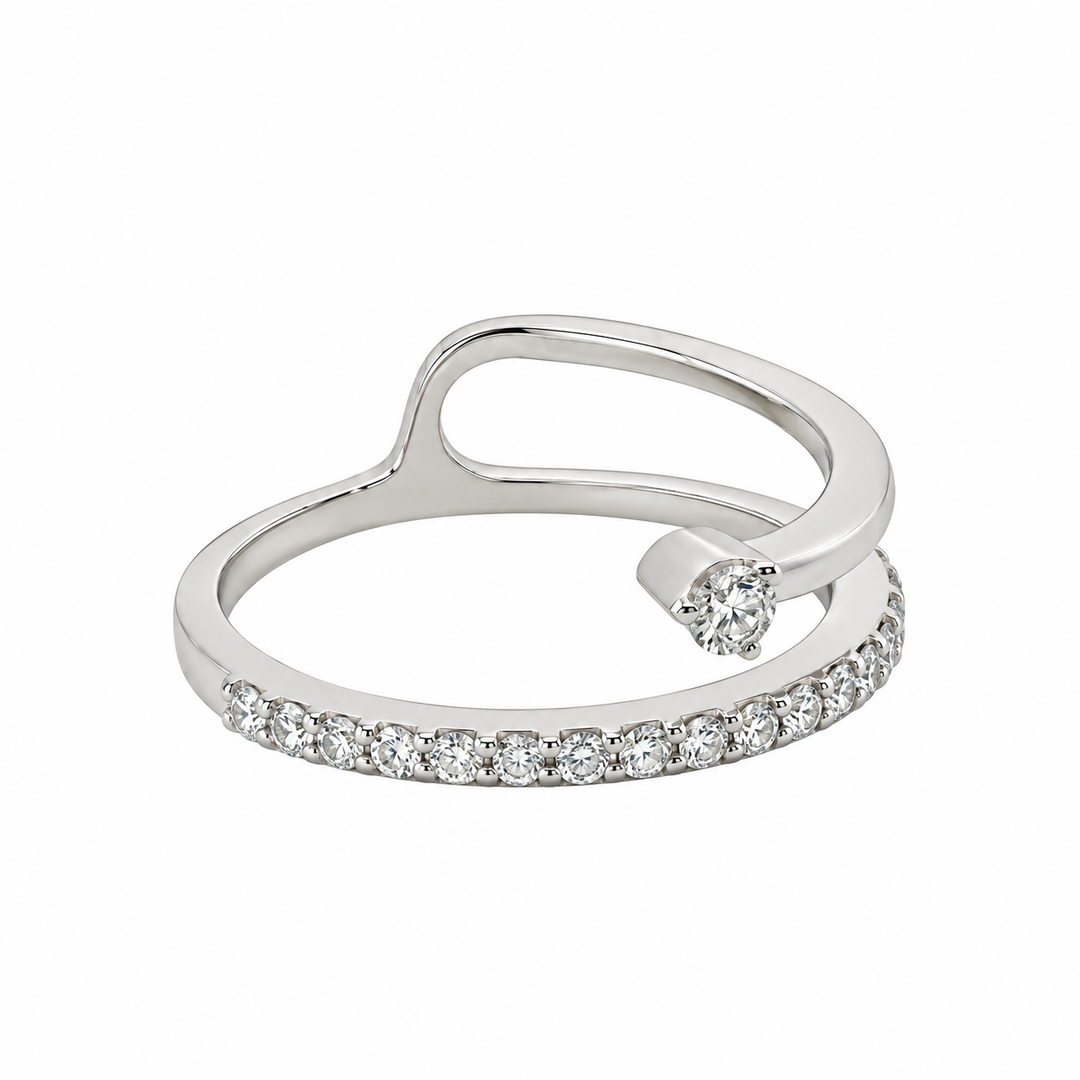 Vintage 14K white gold diamond bypass ring angled view