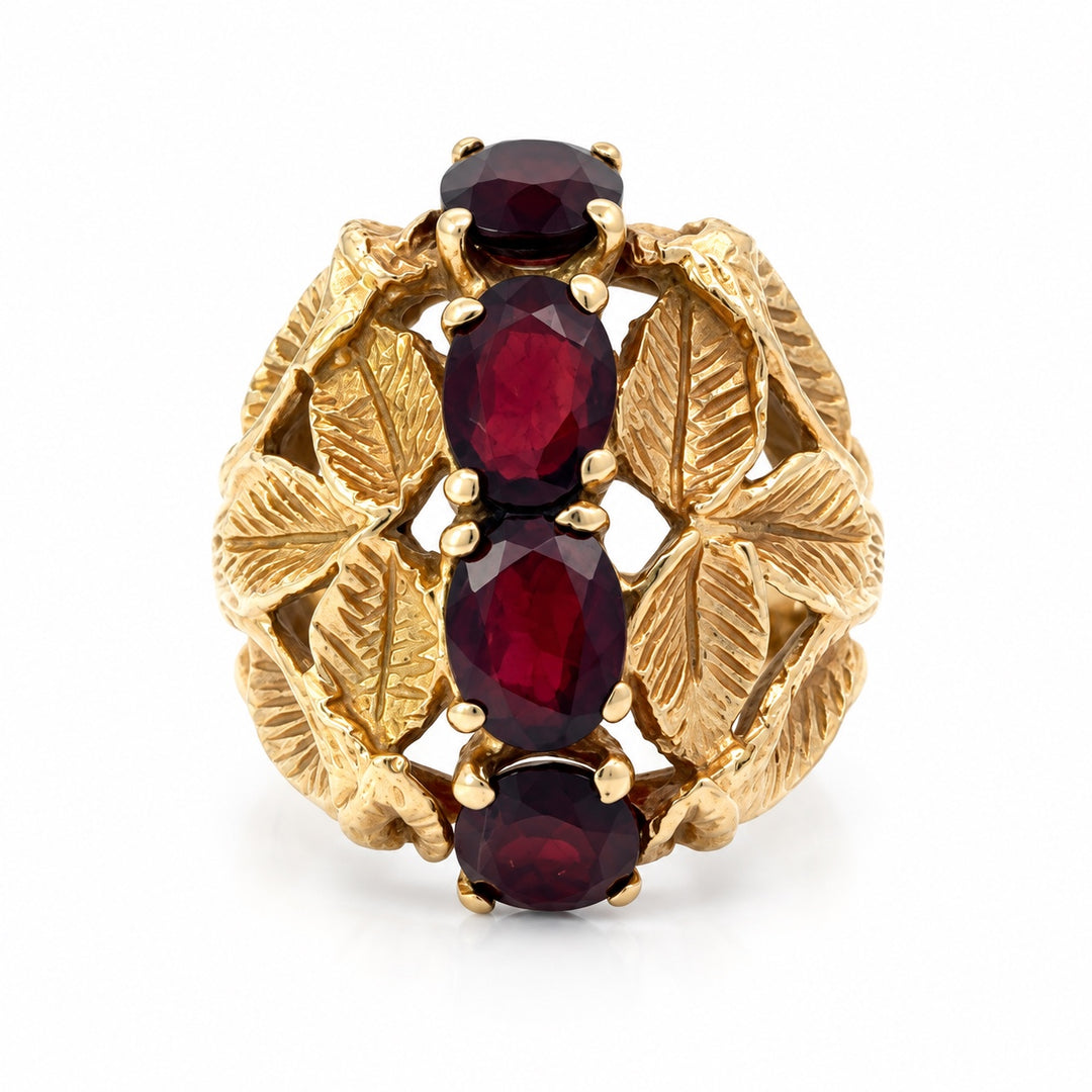 Vintage 14K yellow gold garnet floral dome ring front view
