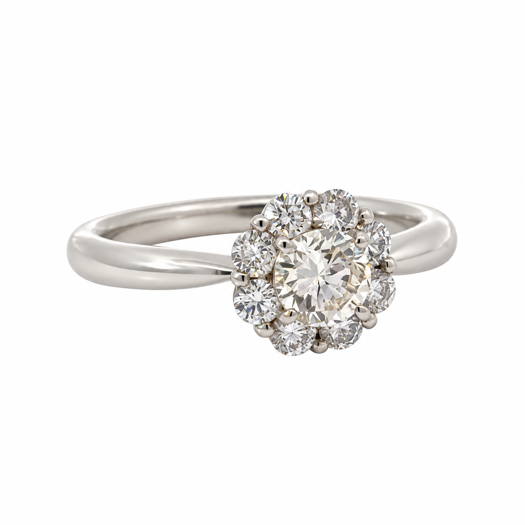 Vintage platinum diamond cluster ring angled view