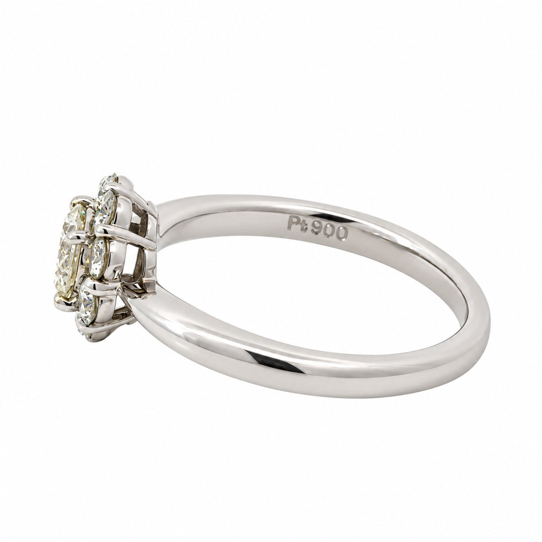 Vintage platinum diamond cluster ring profile with Pt900 hallmark