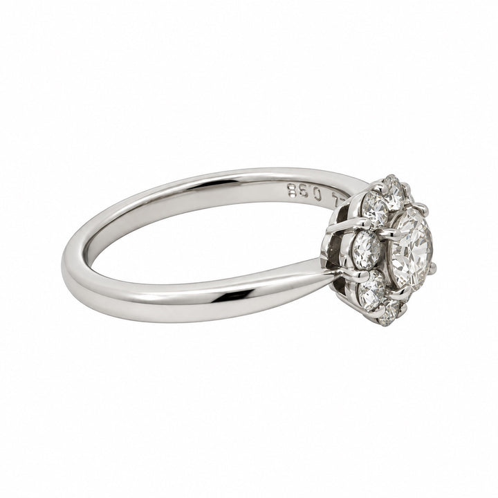Vintage platinum diamond cluster ring side view with hallmark