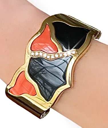 Italian Diamond Coral and Onyx 18K Yellow Gold Bangle