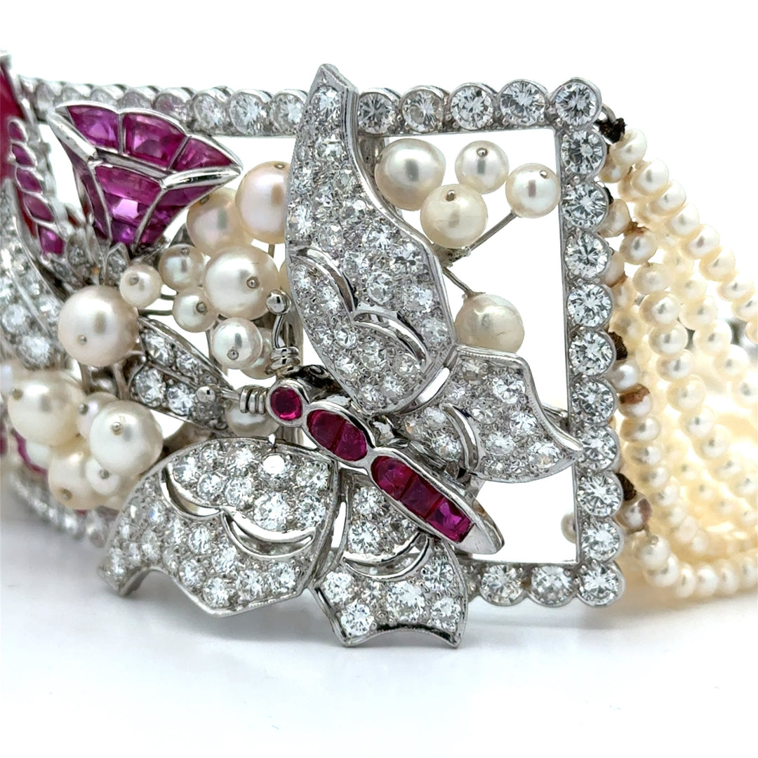 Estate Of Hollywood Actress Connie Stevens Diamond Ruby and Pearl Multi Row 18K White Gold Necklace