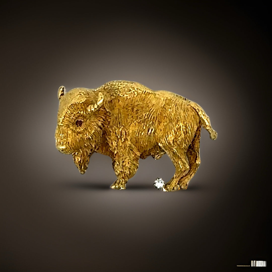 18K gold, diamond and ruby Buffalo brooch perfect to dress up a Bills player formal suit